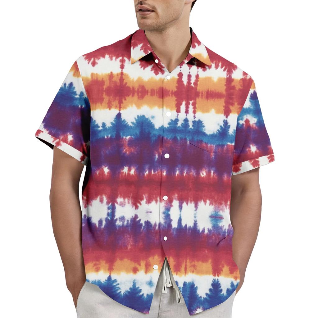 Men's Casual and Fashionable Tie- Textured Print Shirt - Men's Lapel Short-sleeved Button-up Shirt