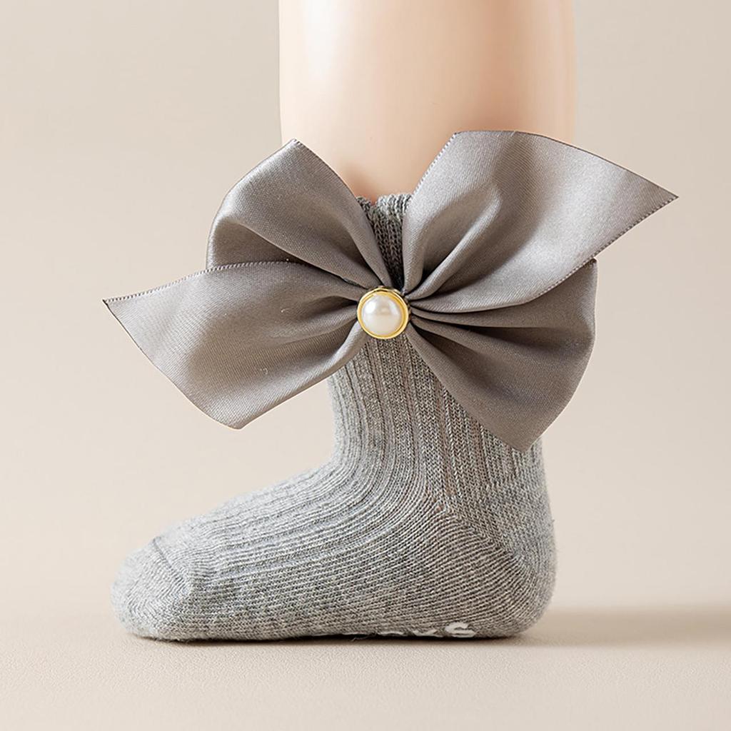 1-2Y Big Bow Princess Socks Simulated Pearl Bowknot Girl Middle Tube Sock Spring Summer Cotton Sock Baby Non-slip socks for Indoors