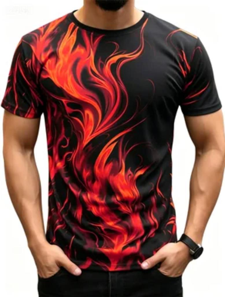Fashionable Men's Trendy Short Sleeved Flame Series 3D Printed Street T-shirt Round Neck Casual Top