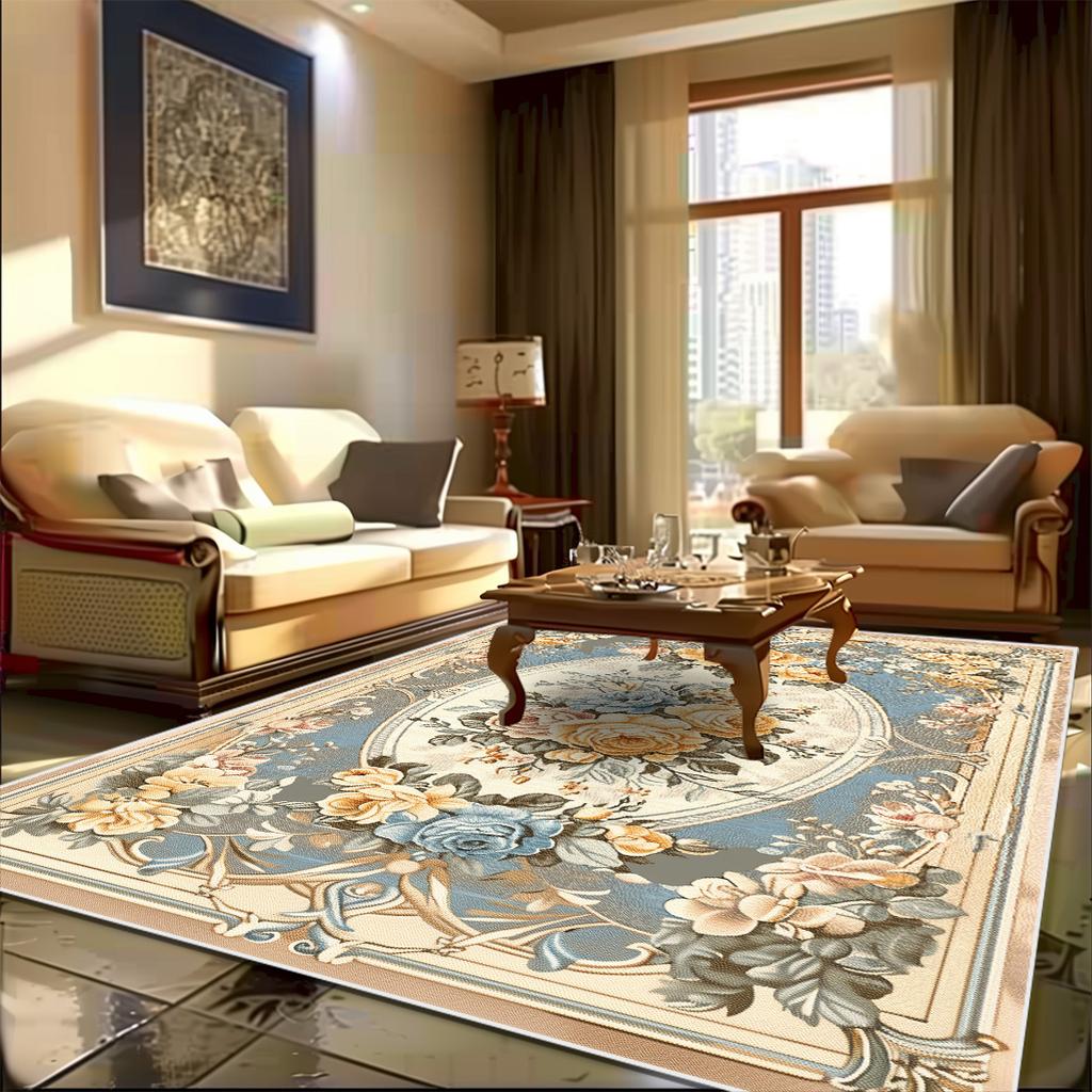 European Carpet Living Room Pastoral Flower Home Carpet Modern Light Luxury Style Bedroom Rug Non-slip Lounge Floor Mat Washable
