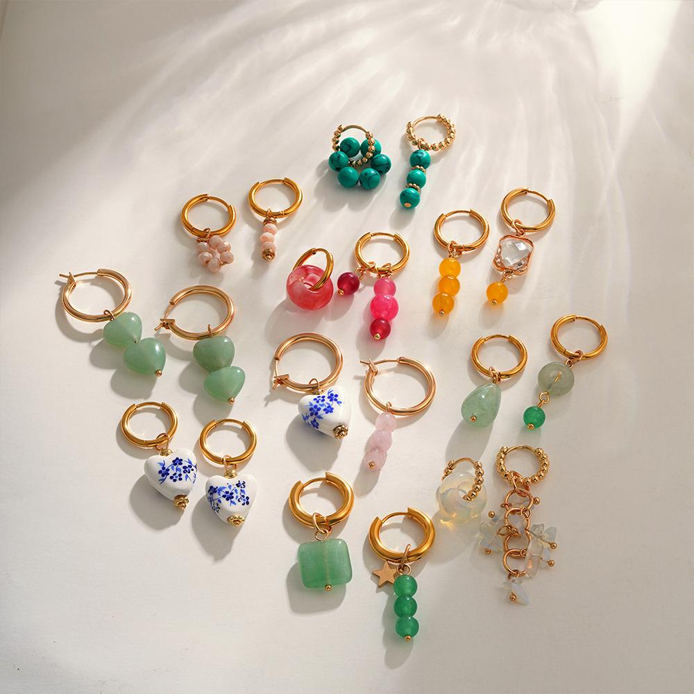 Bohemian Style Natural Stone Beads Irregular Pendant Earrings for Women Stainless Steel Hoops Earring Charm Summer Jewelry