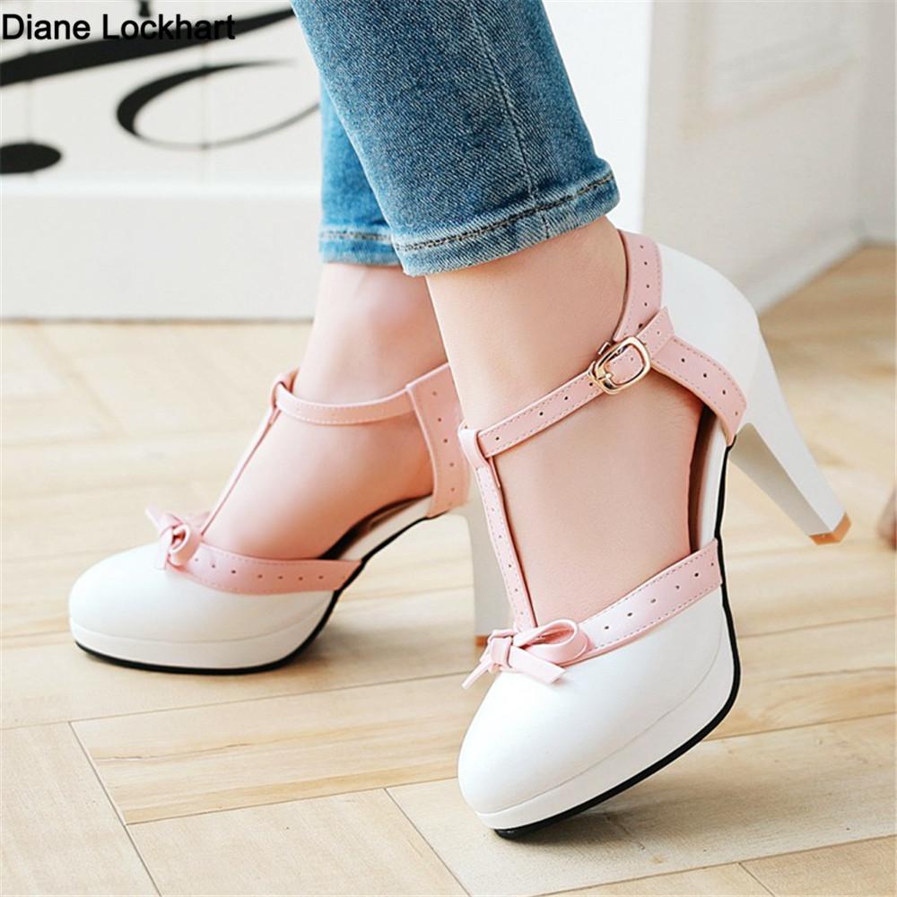 Fashion Women's T Strap High Heels Round Toe Heel Pumps Women Platform Pumps Bow Party Wedding Shoes Chaussures De Femme Size 33-48