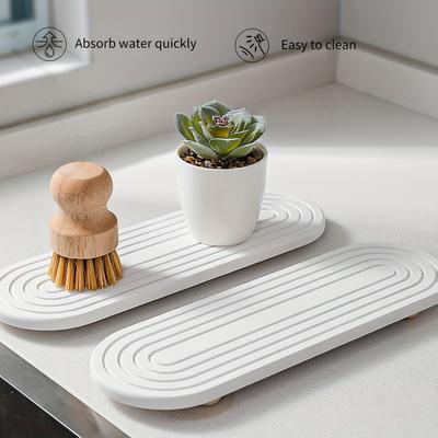 1pc Oval Carved Diatom Mud Absorbent Stone Table Mat, Beautiful And Simple,Suitable for Bathroom Countertops,Kitchen Countertops