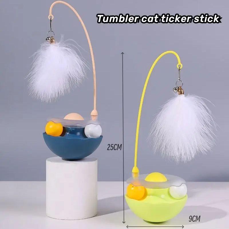 Funny Tumbler Toys for Cat Bite Resistant Removable Turntable Plush Feathers Cat Toy Interactive Cat Teasing Stick with Cat Mint
