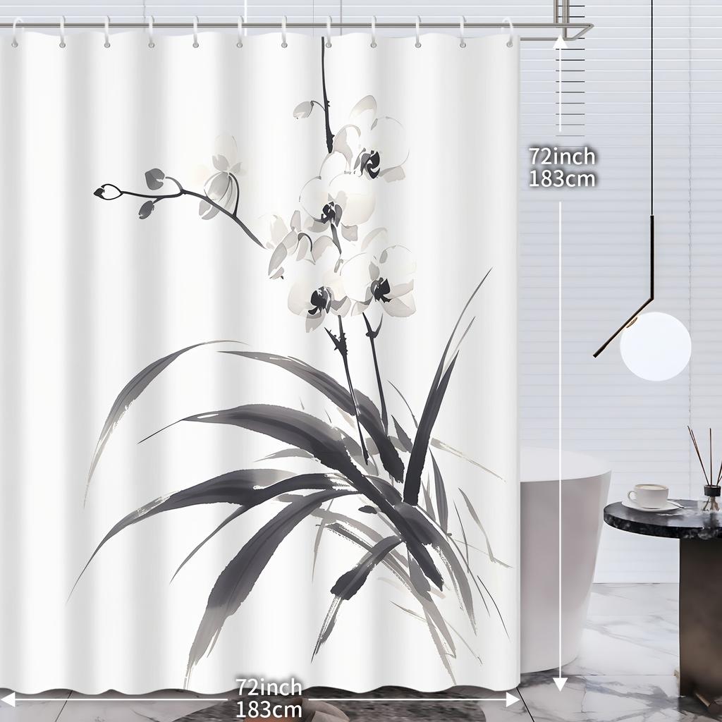 1Pc Elegant Orchid Shower Curtain - 72X72", Asian Ink Wash Design, Waterproof, For Home & Hotel Bathrooms
