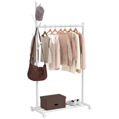 Clothes Rack with Wheels, Mobile Coat Rack with Clothing Rail, 5 Hooks, Shoe Rack White