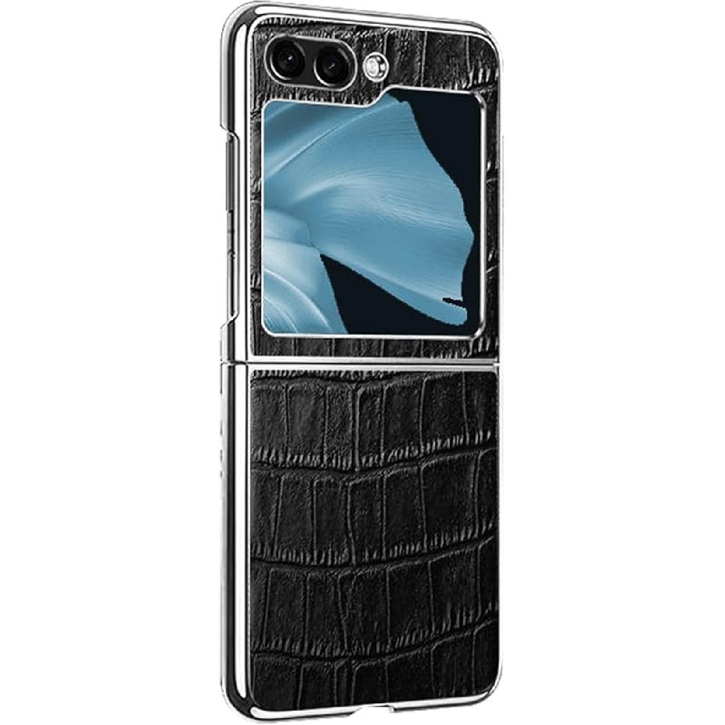 Slim Case for Samsung Galaxy Z Flip 6, Light Luxury Genuine Leather Crocodile Pattern Business Phone Cover with Plating Frame Shockproof Case,Brown