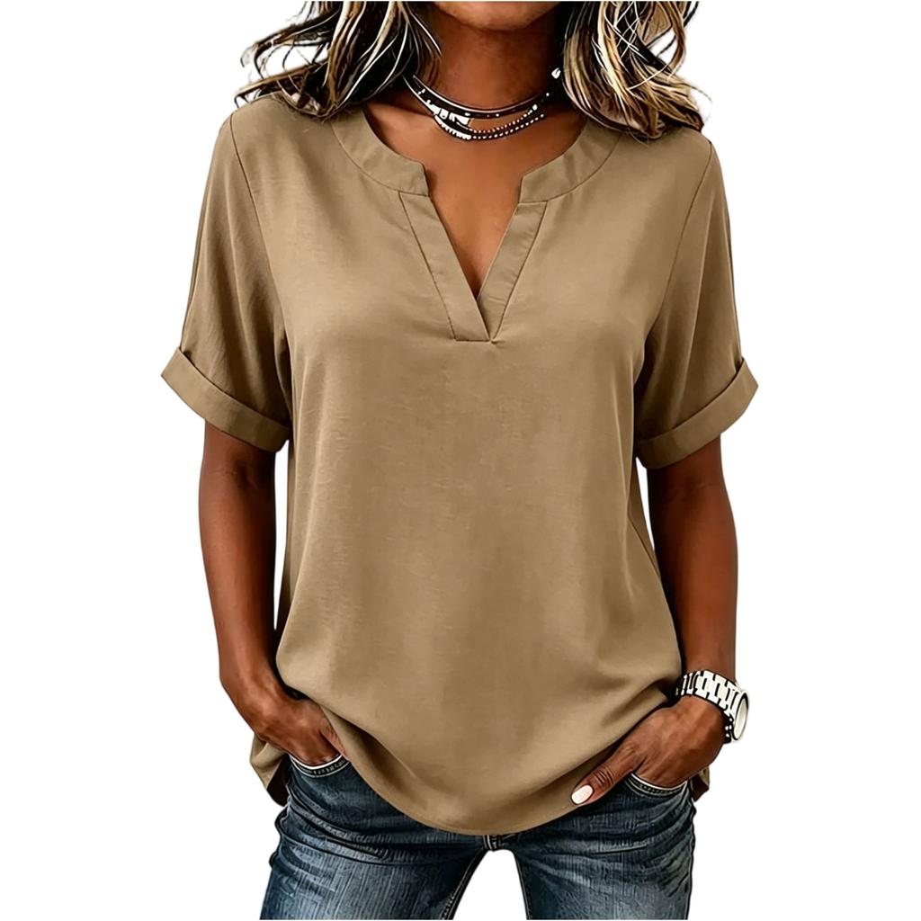 Damen V-Ausschnitt Kurzarm T-Shirt Lässiger Lockerer Sitz Fünf-Punkt-Ärmel Bluse Leichtes Weiches Stoff Oberteil für den Alltag