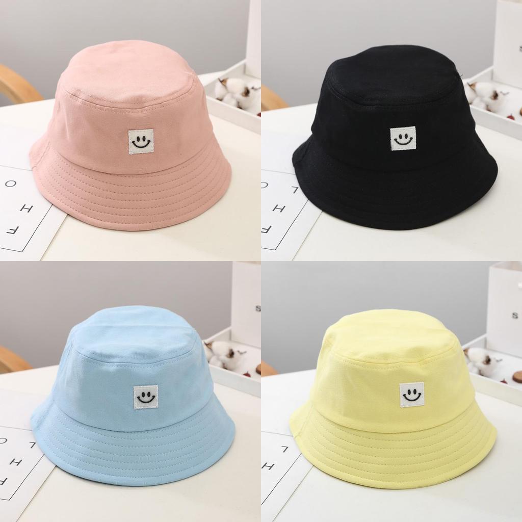 Kids Cotton Sun Hat With Smiling Face Embroidery Design For Summer Outdoor Sun Protection