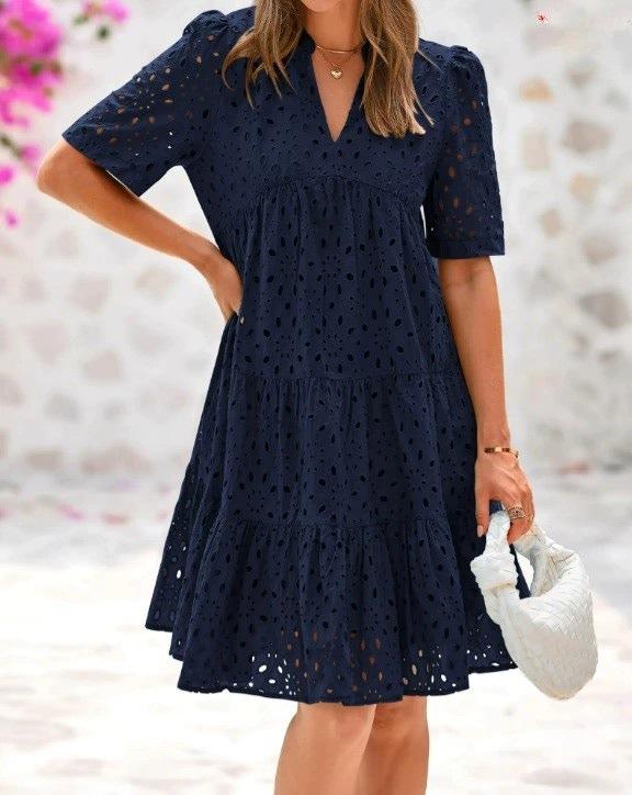 2026 Short Sleeve Women's Beach Vacation Skirt French V-Neck Hollow Lace Dress High-end A-shaped Dress