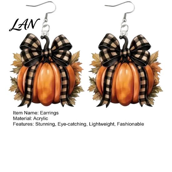 Autumn Pumpkin Earrings 1 Pair for Women, Acrylic Dangle Drop Retro Plaid Bow with Bow, Halloween Fall Jewelry Holiday Party Theme