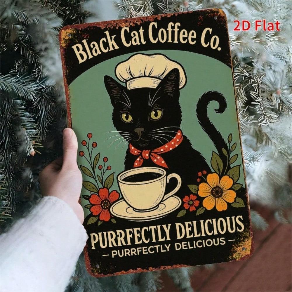 Vintage Black Cat Coffee Tin Sign Retro Metal Wall Art 8x12 Rustic Home Decor