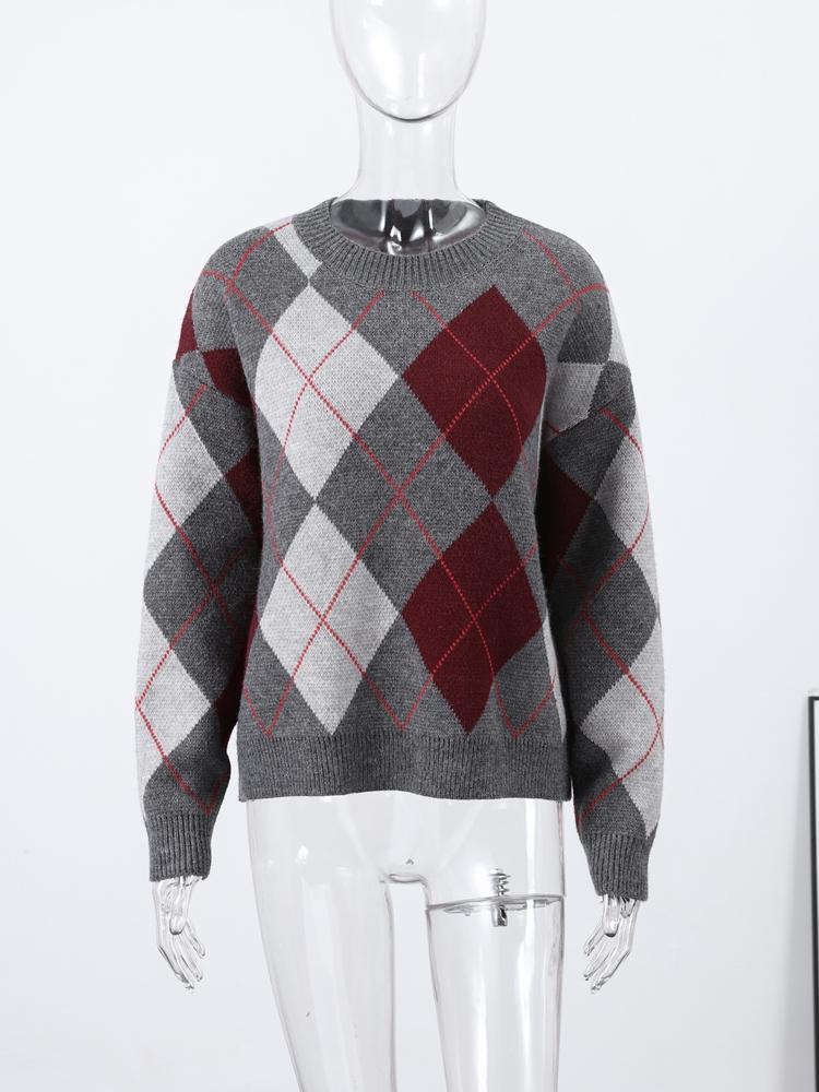 Women's Diamond Patterned Jacquard Knitted Round Neck Sweater Women's Warm and Fashionable Winter Round Neck Pullover 2025