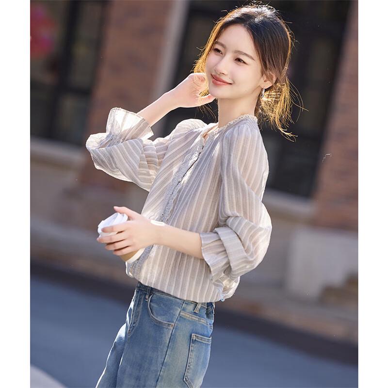Elegant Retro Striped Lace Trim Blouse XL