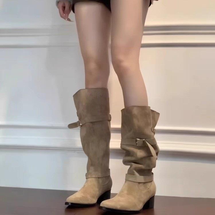 Boots Pile Western New Cowboy Boots Autumn Khaki Boots Small Retro Women's Boots High Boots