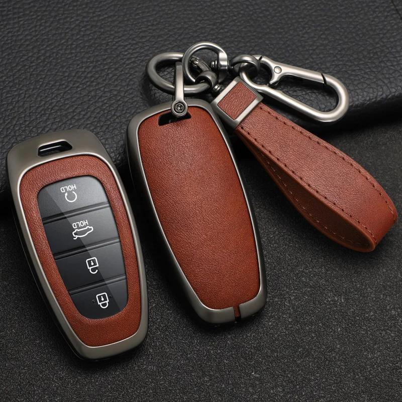 Zinc Alloy + Leather Car Key Case Cover for Hyundai Solaris Sonata Hybrid NEXO NX4 New Grand Santa Fe Tucson 2020 2021 2022 2023