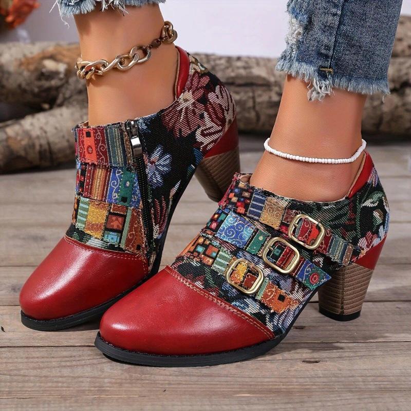 European American autumn and winter new thick-heeled high-heeled color printed zipper boots Martin boots 36 4340₽