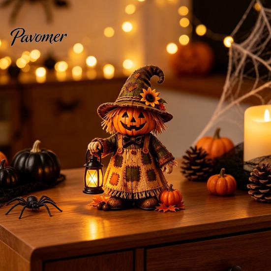 Atmospheric Window Displays Wooden Halloween Figurine with Lantern, Pumpkin Scarecrow Skeleton Mummy Ghost Witch Seasonal Tabletop Accessories Statue,