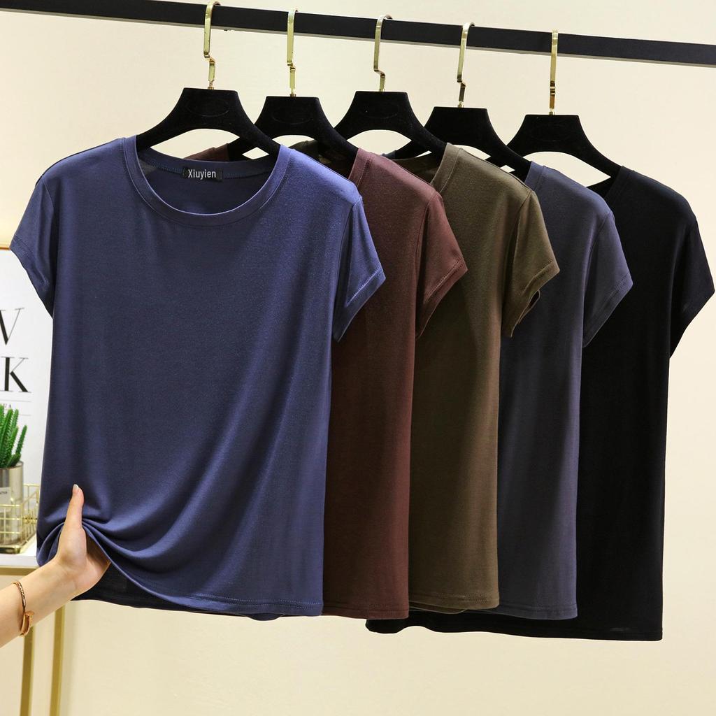 Damski bawełniany T-shirt z krótkim rękawem w jednolitym kolorze – Casualowy luźny krój, prosty letni styl