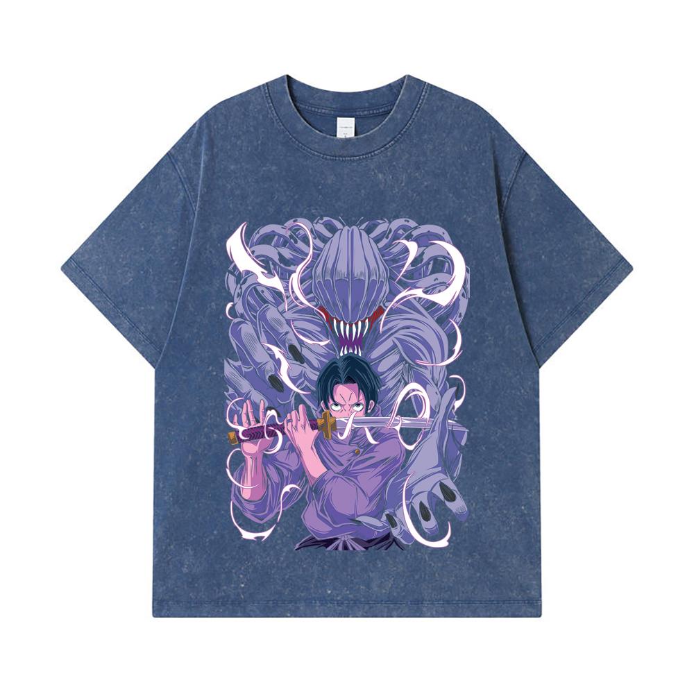 275 GSM Washed T-shirts 100 Cotton Jujutsu Kaisen V52 Yuta Print Unisex Heavy Cotton T Shirt 2XL королевский синий 2200₽