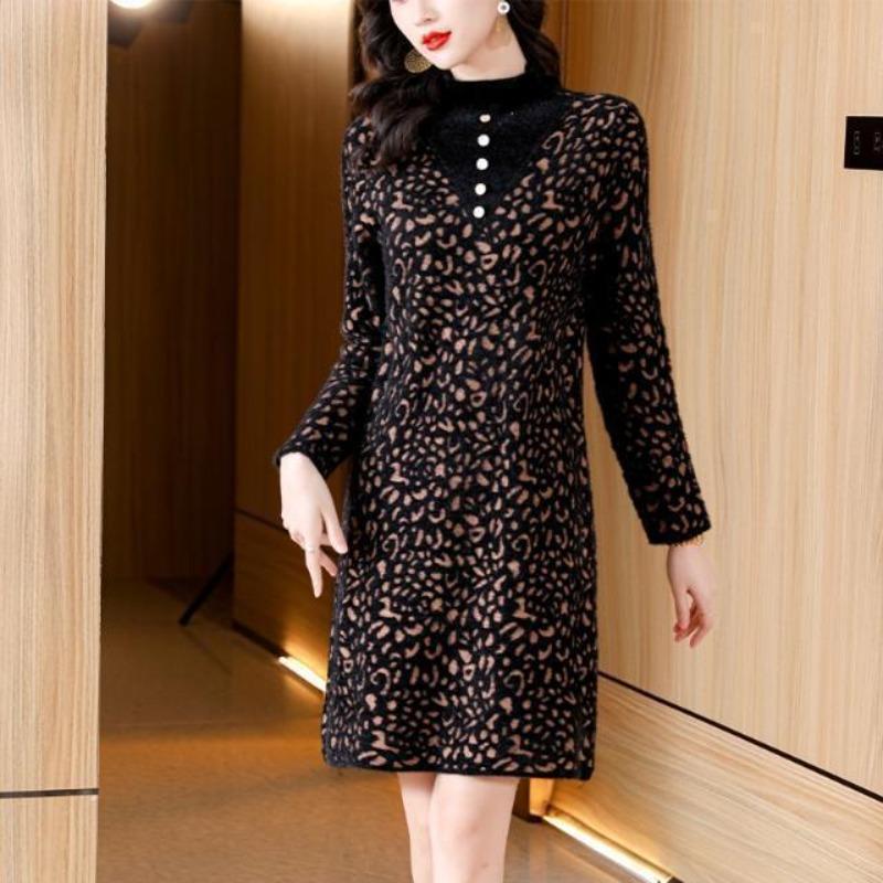 Mink Velvet Mom Thickened Bottoming Autumn Winter New Mid-length Loose Knitted Sweater Dress
