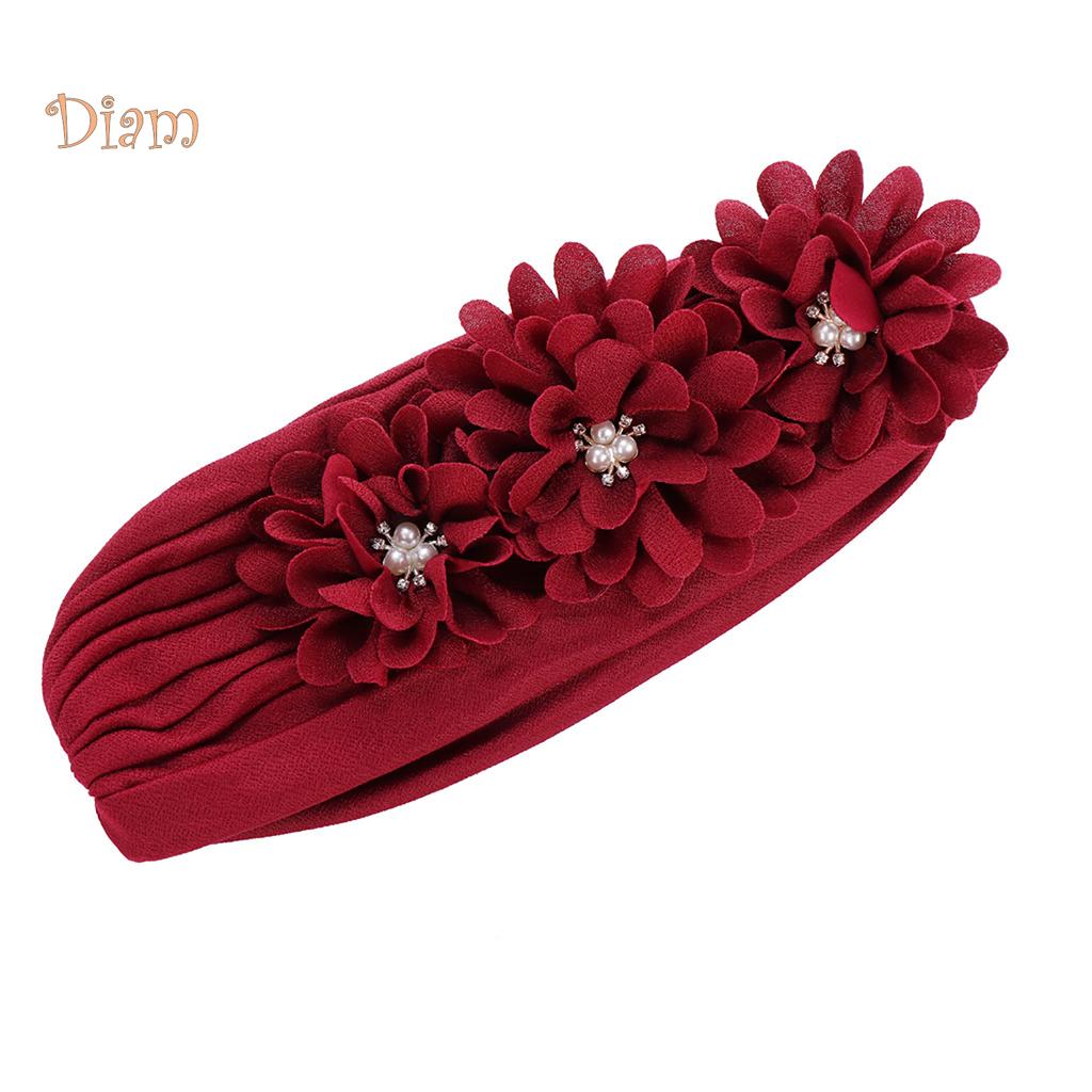 CMW Three Flower Decal Design Turban Hat Elastic Hijab Hair Loss Cover Headwear