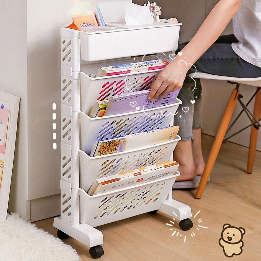 Movable Multi-Layer Bookshelf 5/6 Layers Table Side Storage Basket  Bookstore