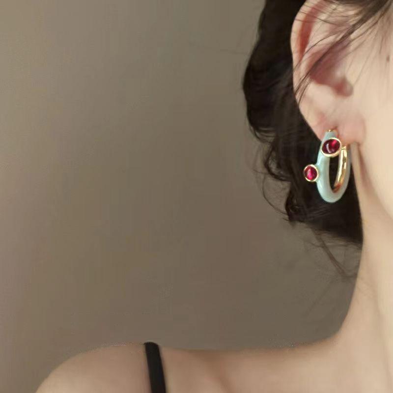 French Earrings Beautifully Smoke Blue Round Oil Dripping Earrings Popular Accessories High-End Earrings Elegant Luxury