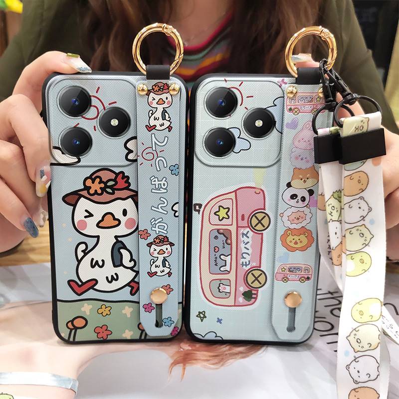 Dirt-resistant Cute Phone Case For Realme C63 4G/C61 4G Wrist Strap Kickstand Back Cover Anti-knock Lanyard Silicone