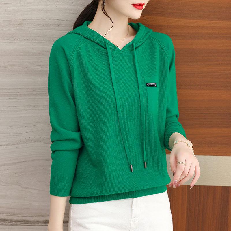 Dámská mikina s kapucí podzimní a zimní volný svršek svetr pletený s kapucí s dlouhým rukávem