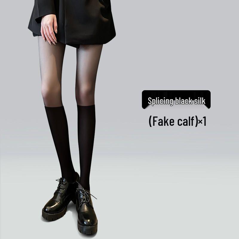 Women's Thin Patchwork Black Silk Calf Socks - Fake Thigh-High Pantyhose for Leg Slimming (Spring, Autumn, Winter)