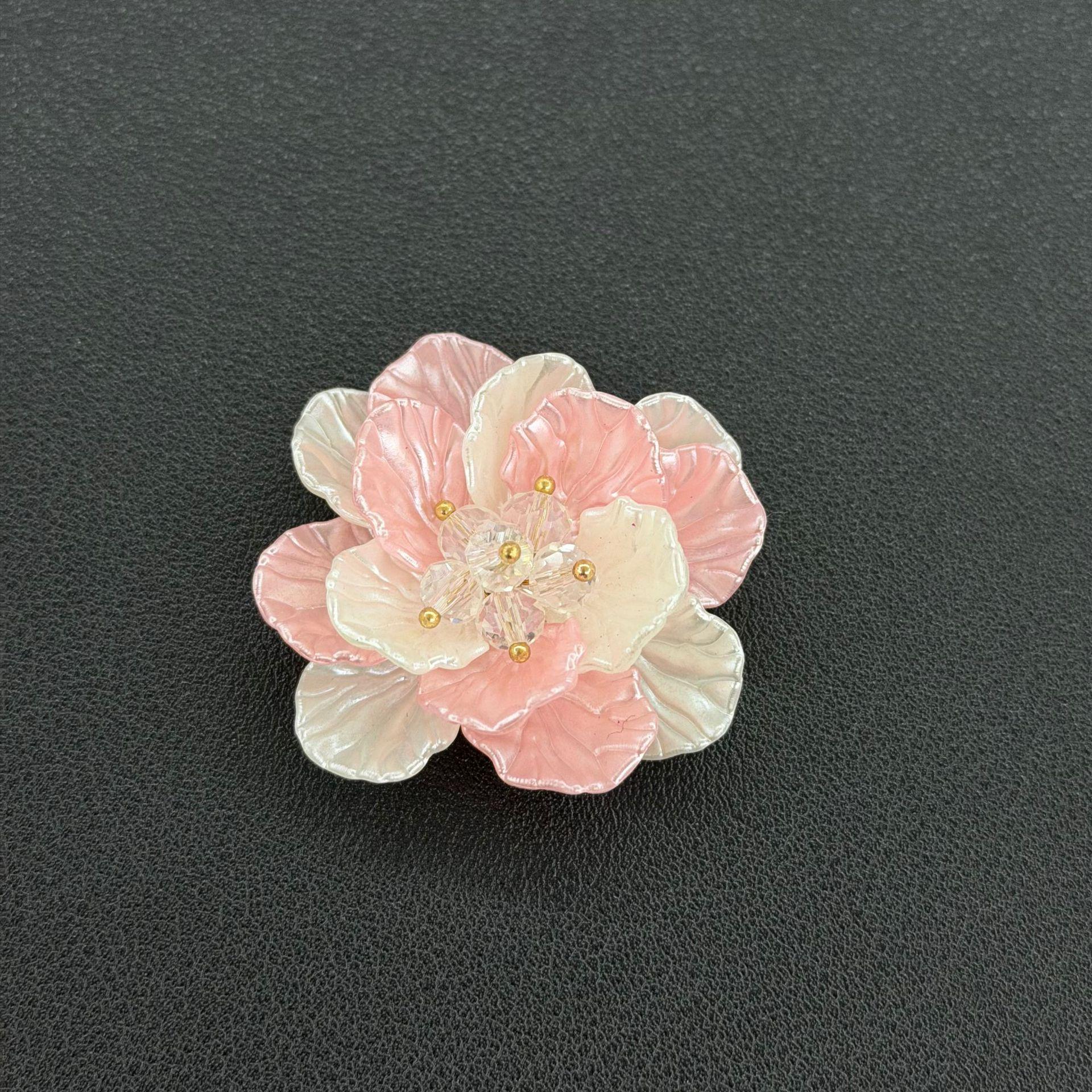 Acrylic Two-Tone Crystal Faux Pearl Camellia Hair Bun Brooch Ornament