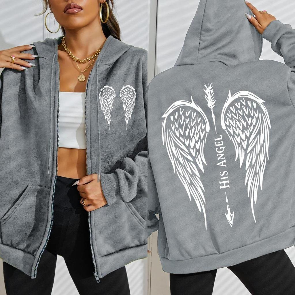 His Angel Creative Wings Art Letter Printing Zipper Hoodies Woman Hoodie Casual Soft Hoody Fleece Comfortable Streetwear