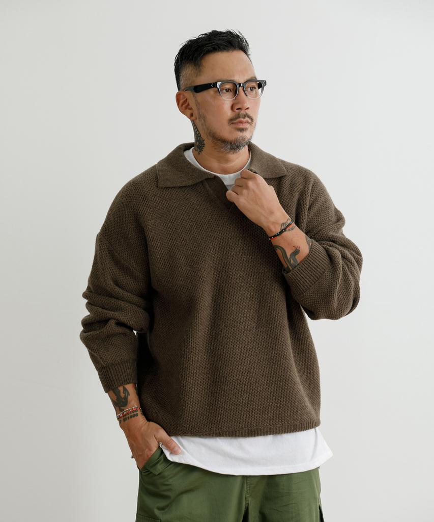 RUGGED HOUSE Open Collar Oversized Lambswool Knit Brown