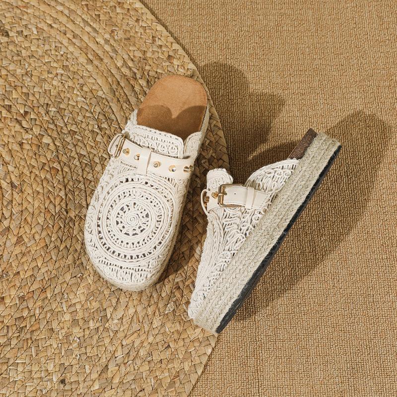 Fashion Flat Shoes Female Slippers Women Summer Slides Fretwork Heels Loafers Cover Toe Fabric Rubber PU Scandals Cotton Round Slippers