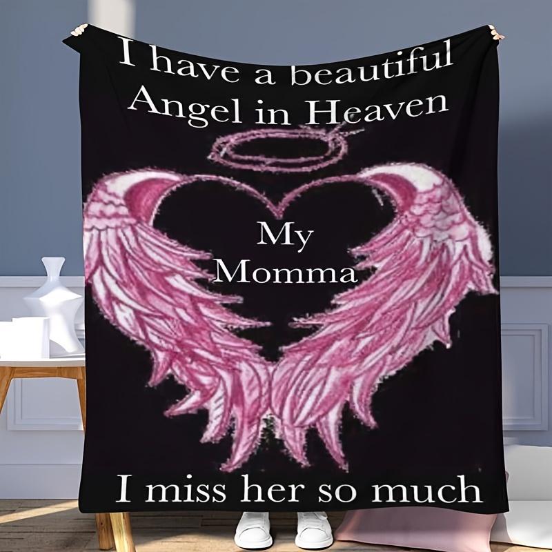 Angel Mom In Heaven Flannel Hug Blanket, Heart-Winged Tribute, Soft Gift for Sofa, Bed, Travel