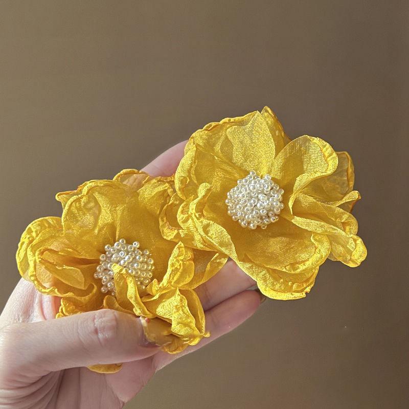 Super fairy fabric pearl flower stud earrings spring and summer vacation style exaggerated earrings fashionable sweet high-end earrings
