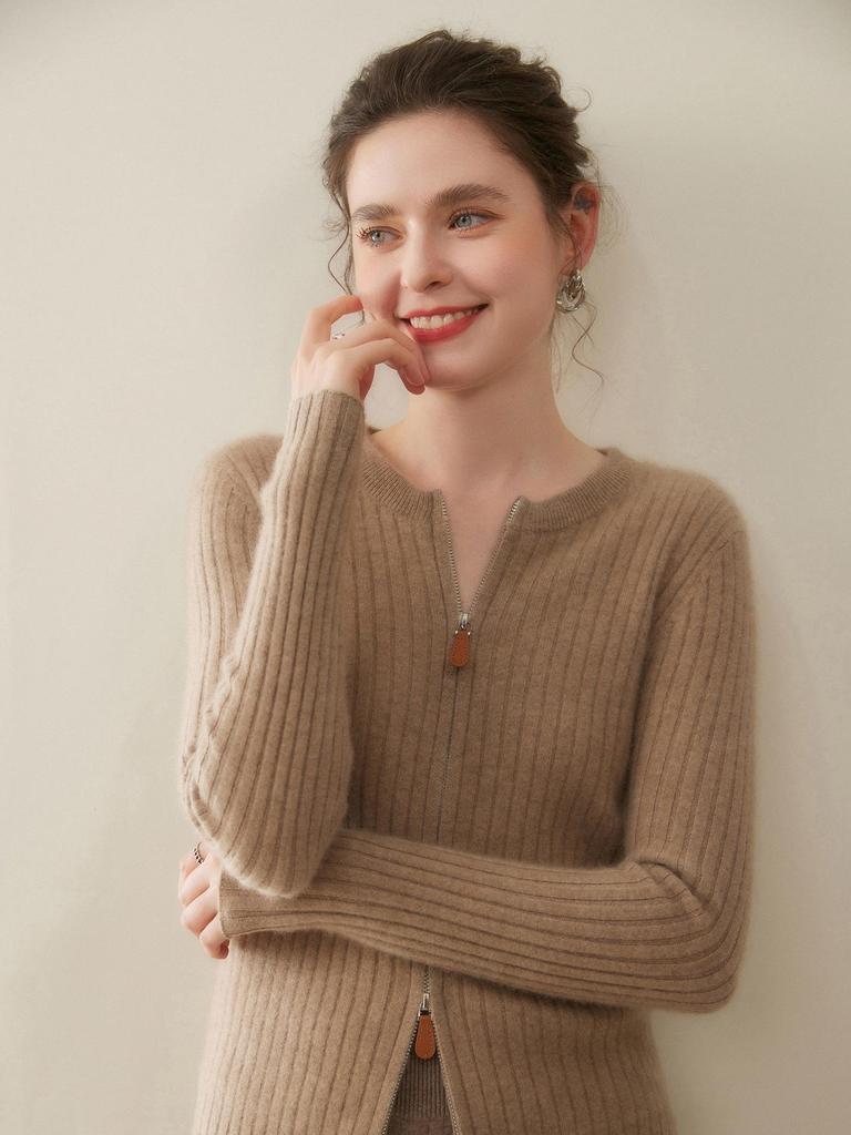 Fashionable Ribbed Cashmere Zipper Cardigan Sweater - Slimming Knit, Round Neck Wool Coat