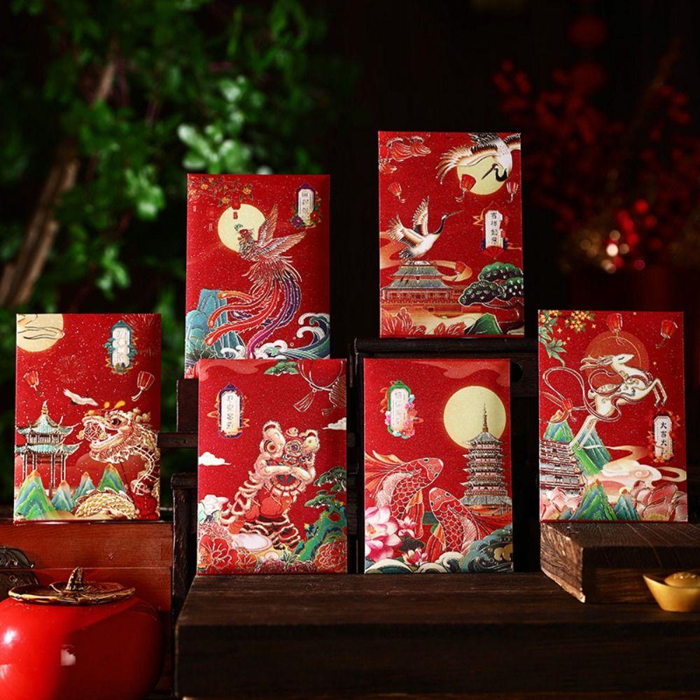 6pcs Traditional Lucky Money Bag Hongbao Money Packet Cartoon Good Luck Red Pocket Wedding Birthday