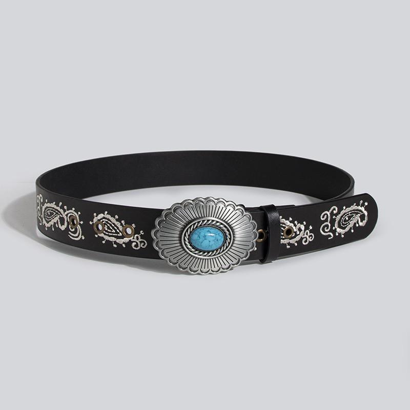 Vintage Turquoise Carved Sheep Head Embroidered Leather Belt For Fashion Enthusiasts