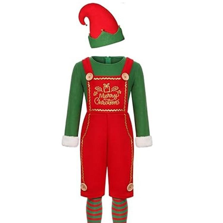 Christmas Kids Cute Green Elf Costume New Year Family Party Festival Fancy Santa Claus Cosplay Outfit Set for Boy