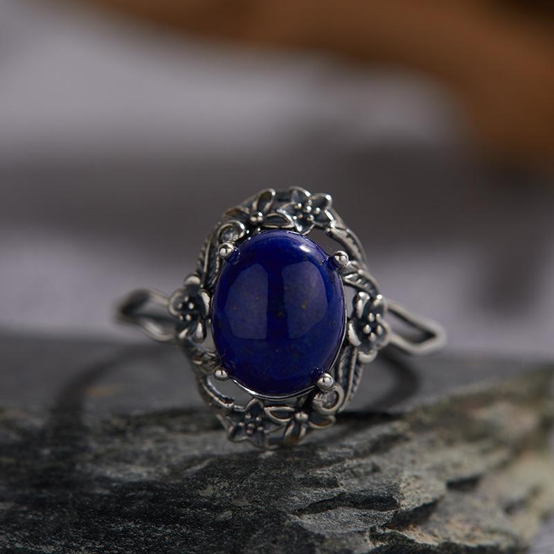 Anello Aperto in Argento Sterling S925 Cristallo Naturale Polvere d'Oro Blu Colore Calcedonio Argento Baotai Stile Etnico Retrò Femminile