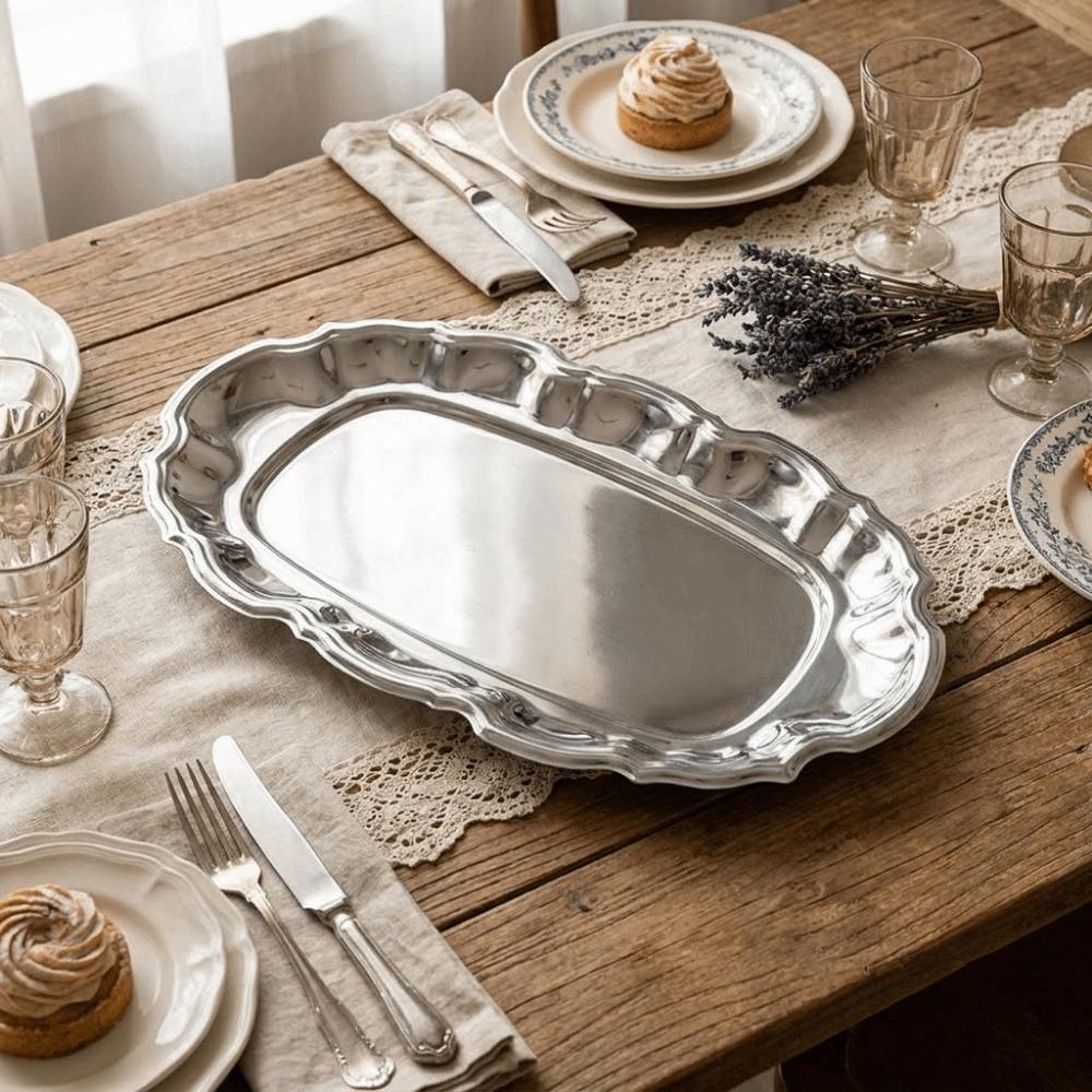 Wavy Edge Vintage Display Tray Mirror Face Dessert Storage Plate Embossed Cake Tray  Household Use