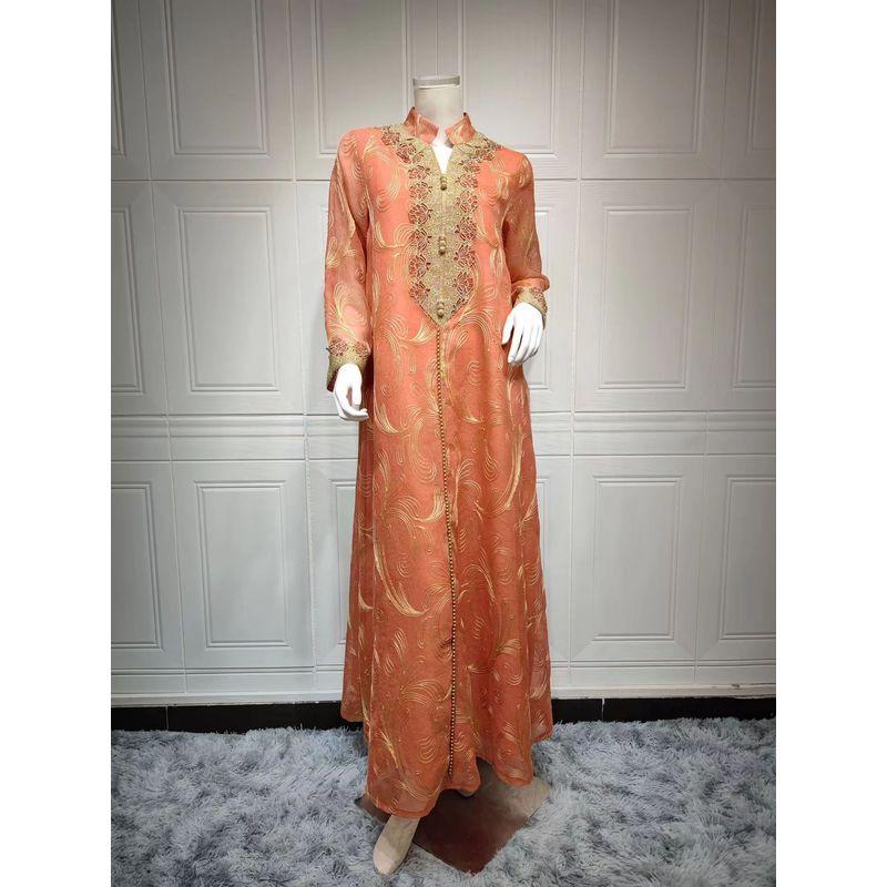

New New Arrival Women s Stand Collar Large Swing Embroider Dress Party Temperament Long Dress Embroidered Dress Orange Red M