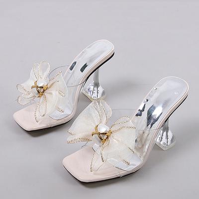 Liyke Fashion Mesh Bowknot Women 'S Strange Style High Heels Slippers Sandals Open Toe Pvc Transparent Shoes Lady Slides