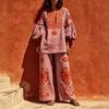 1116 Bohemian Print Cotton and Linen Suit Women's Bubble Sleeves Loose Top Wide-leg Pants Two-piece Set
