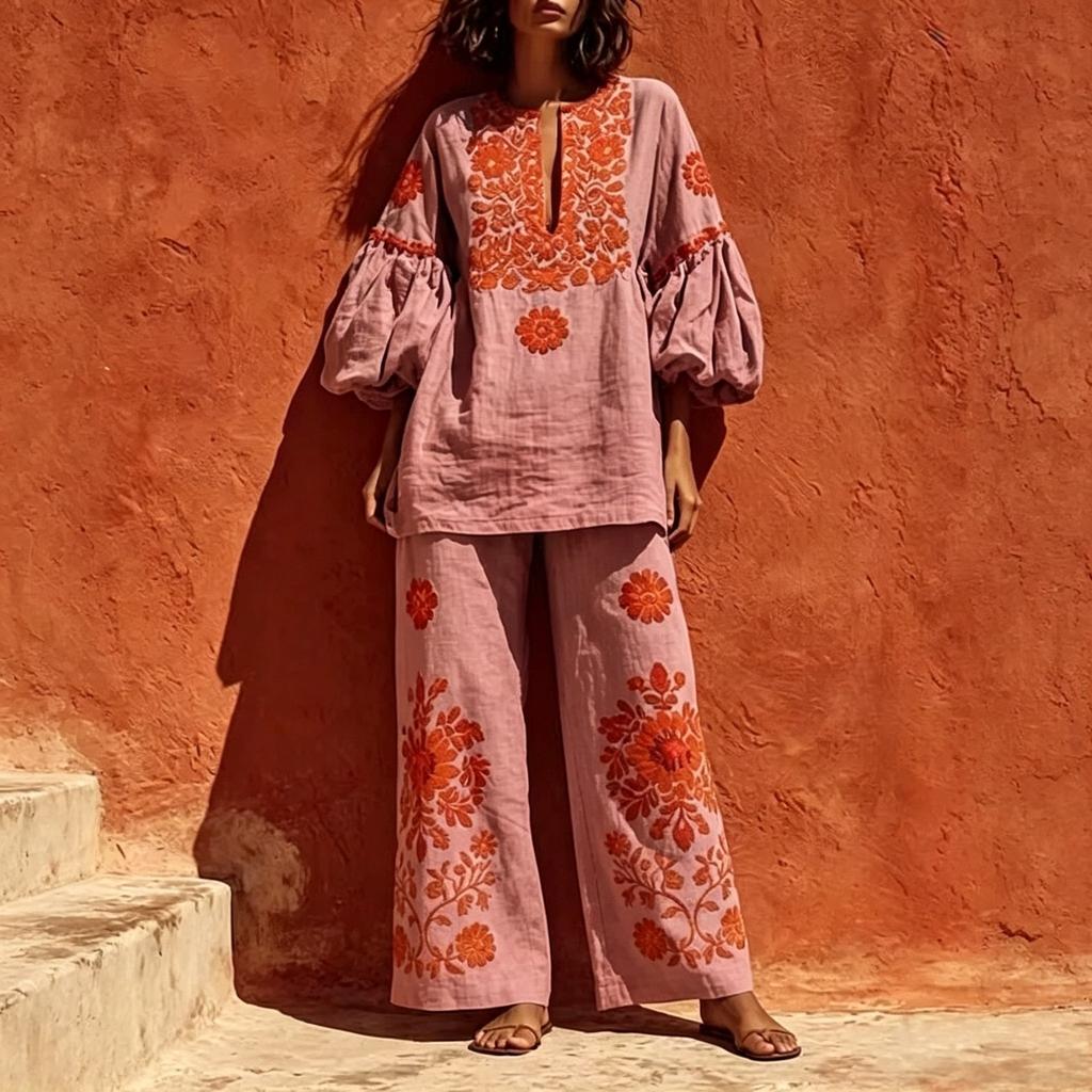 1116 Bohemian Print Cotton and Linen Suit Women's Bubble Sleeves Loose Top Wide-leg Pants Two-piece Set