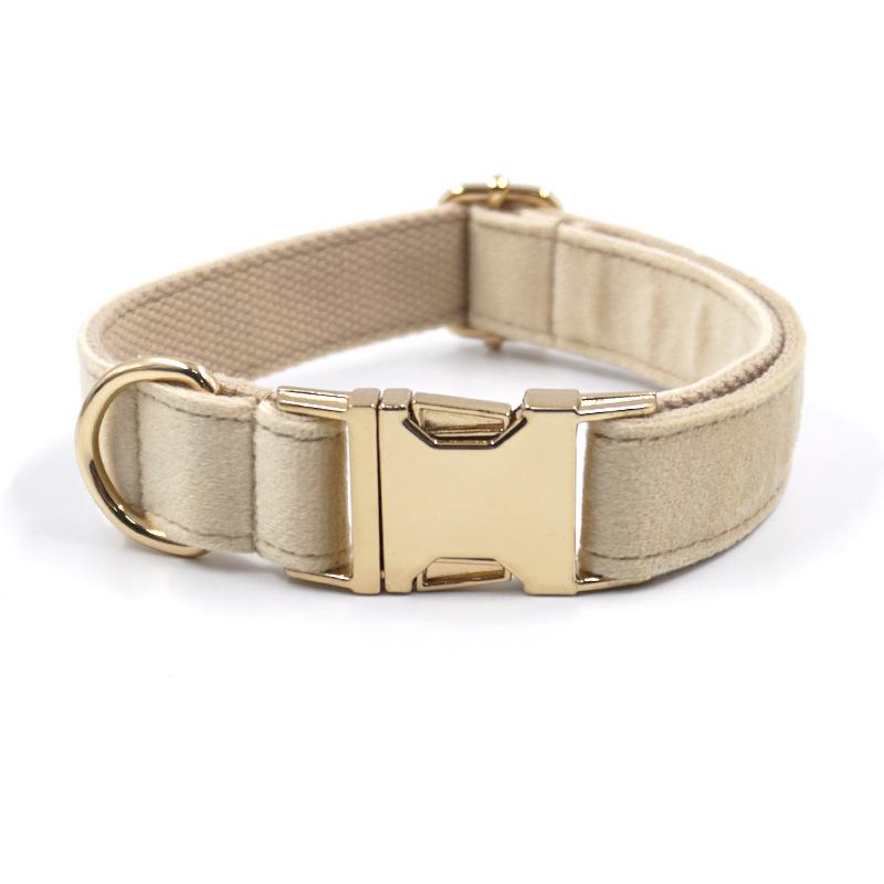 Engraved Gold Buckle Velvet Dog Collar - Adjustable Milk Tea Pet Accessory XL