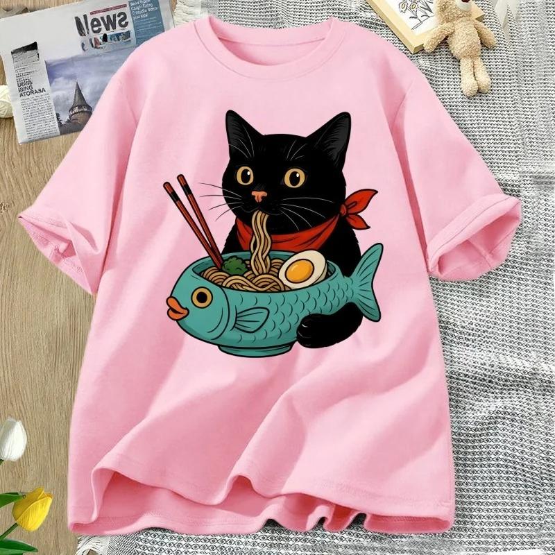 Cat Lover T Shirt Women Funny RaUnisex Cat TShirt Noodle Kawaii Japanese Food Cats Tee Casual Short Sleeve Round Neck Clothing Y2K
