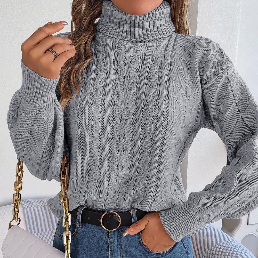 Women Autumn Winter Casual High Neck Fried Dough Twists Long Sleeve Knitting Pullover Sweater